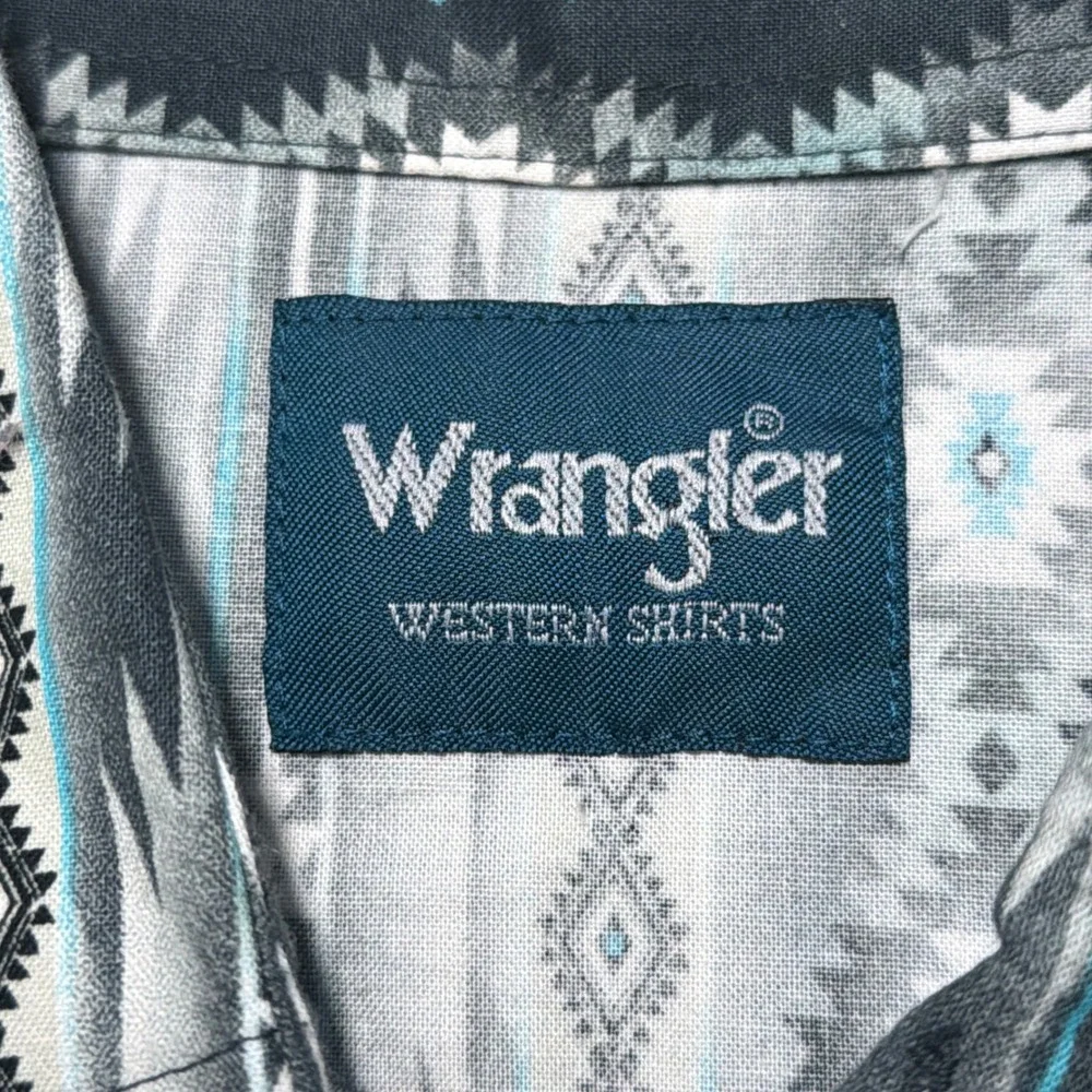 Wrangler Brush Popper Shirt Mens Large Blue Aztec Southwestern‎ Pearl Snap